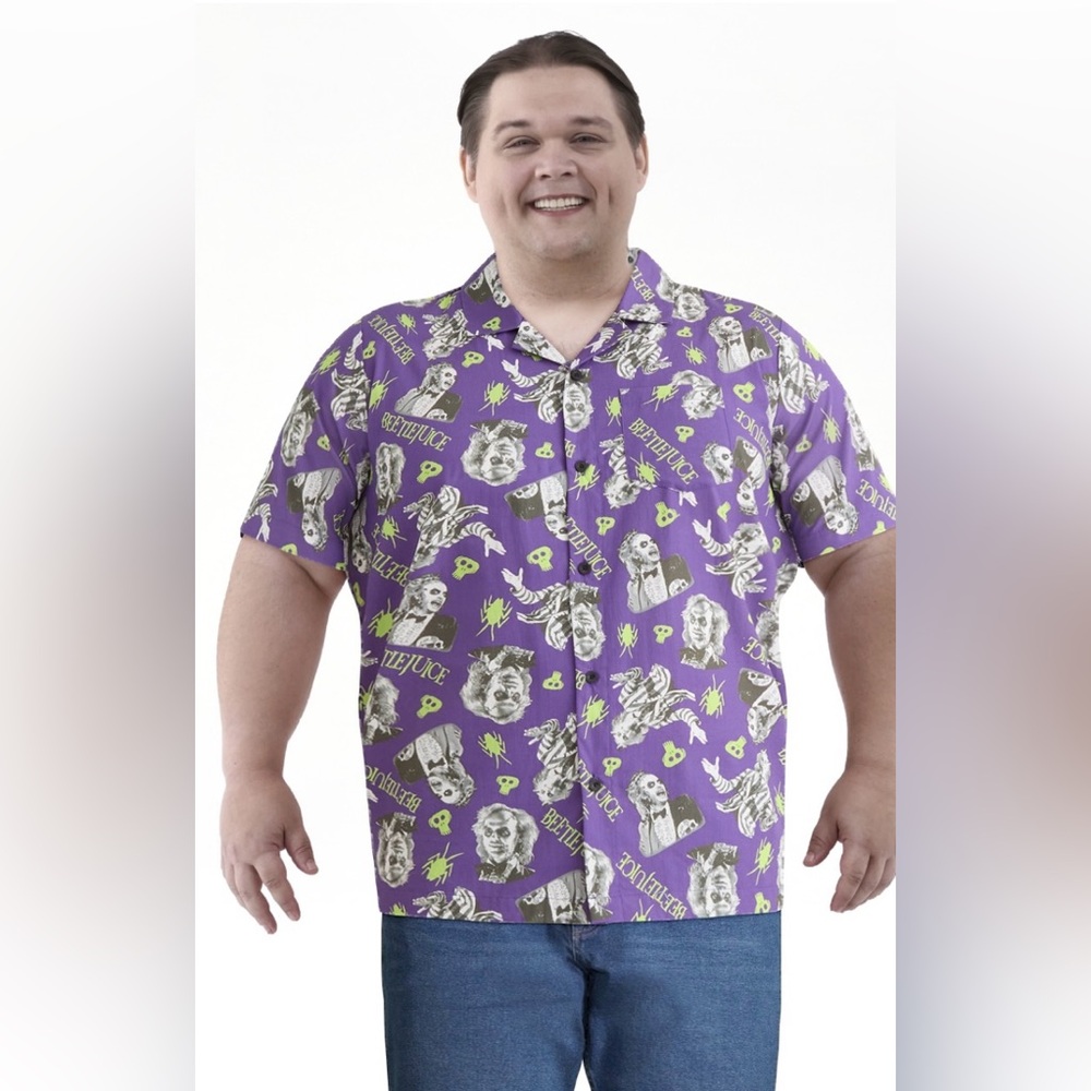 Beetlejuice Purple Graphic Print Short Sleeve Button-Up Shirt‎ Men’s 3XL NWT